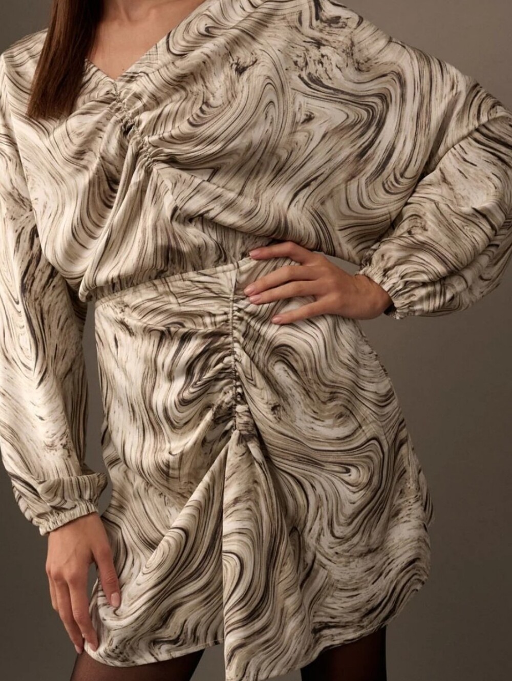 Promesa Marble-Print V-Neck Long Sleeve Dress